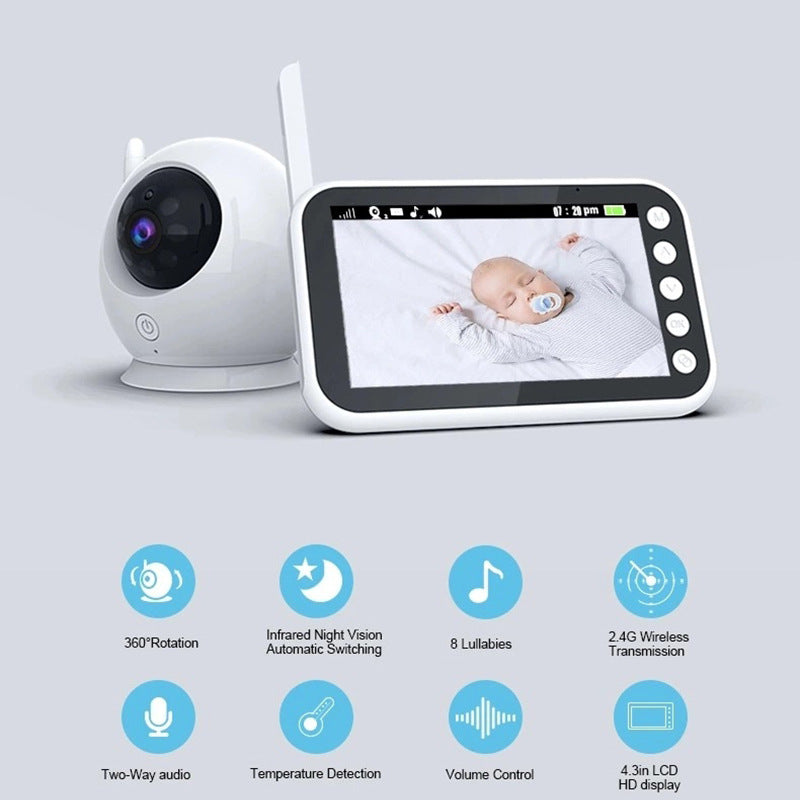 Baby monitor with display showing a baby and features listed below on a light gray background